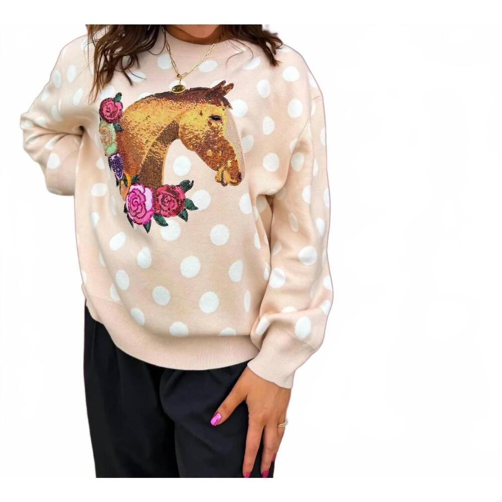 NEW QUEEN OF SPARKLES polka dot horse & rose wreath sweater in pink - Picture 7 of 9